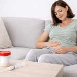 Inseminazione fai da te: donna a casa con siringa e campione di sperma
