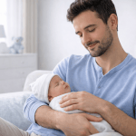 Fare un figlio senza coppia: uomo single che tiene in braccio un neonato a casa
