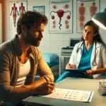Un'immagine che mostra un uomo seduto in un ufficio medico mentre compila documenti, con un'infermiera che spiega il processo di donazione di sperma