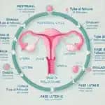 diagramma didattico che illustra il ciclo mestruale e l'ovulazione, concentrandosi sull'apparato riproduttivo femminile e sul processo di concepimento