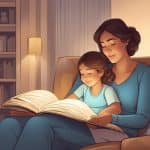Una madre single che legge una storia della buonanotte a suo figlio