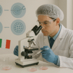Un laboratorio medico con uno scienziato che lavora con microscopi e piastre petri, illustrando le fasi della fecondazione in vitro in Italia