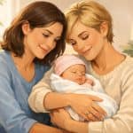Coppia di donne con neonato in braccio che rappresenta la genitorialità omosessuale femminile tramite PMA in Europa