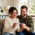 Coppia felice guarda test di gravidanza positivo a casa