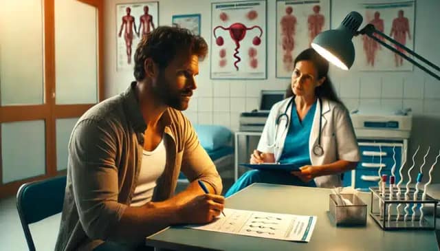 Un'immagine che mostra un uomo seduto in un ufficio medico mentre compila documenti, con un'infermiera che spiega il processo di donazione di sperma