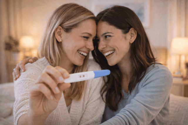 Annuncio gravidanza: coppia felice mostra test di gravidanza positivo