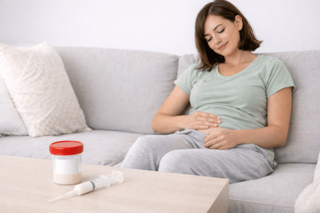 Inseminazione fai da te: donna a casa con siringa e campione di sperma