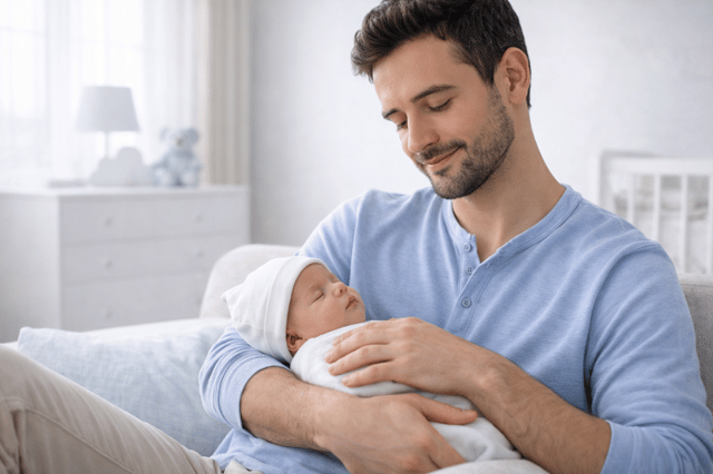 Fare un figlio senza coppia: uomo single che tiene in braccio un neonato a casa