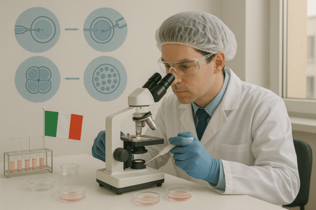 Un laboratorio medico con uno scienziato che lavora con microscopi e piastre petri, illustrando le fasi della fecondazione in vitro in Italia