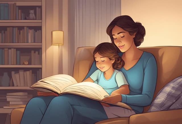 Una madre single che legge una storia della buonanotte a suo figlio