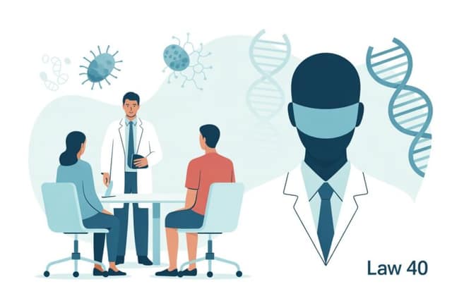 Una scena in una clinica medica con un medico che parla con una coppia e una figura anonima che rappresenta un donatore di gameti, con elementi simbolici di DNA sullo sfondo.