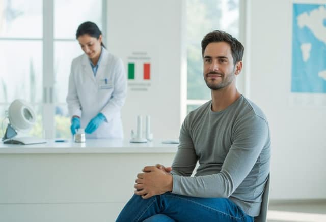 Uomo in clinica per Donazione sperma Italia durante la preparazione medica