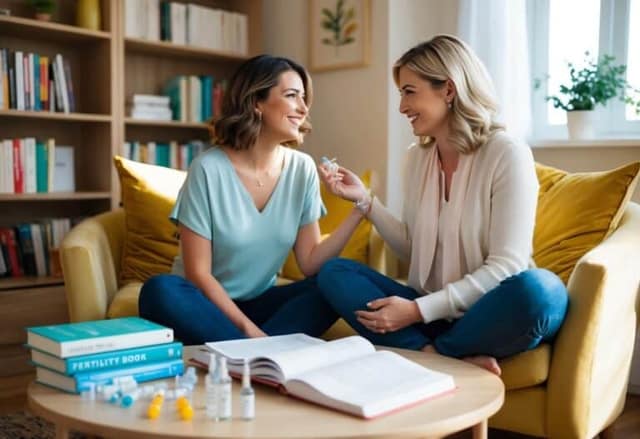 Due donne sedute in una stanza accogliente e illuminata dal sole, circondate da libri sulla fertilità e un tavolino con fiale e siringhe