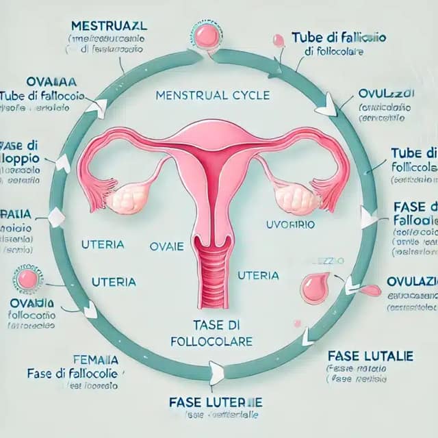 diagramma didattico che illustra il ciclo mestruale e l'ovulazione, concentrandosi sull'apparato riproduttivo femminile e sul processo di concepimento