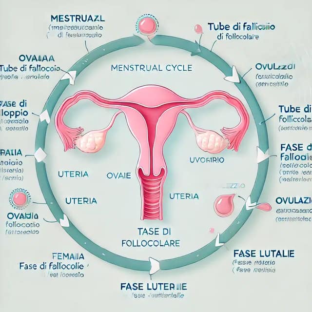 diagramma didattico che illustra il ciclo mestruale e l'ovulazione, concentrandosi sull'apparato riproduttivo femminile e sul processo di concepimento