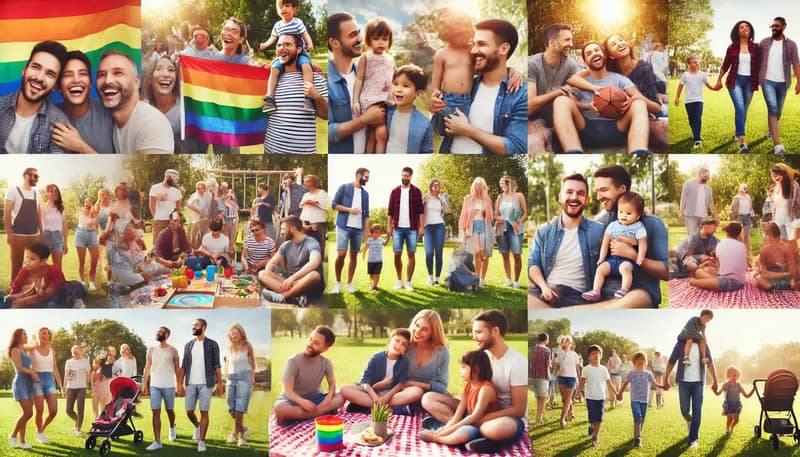 Immagine di un gruppo eterogeneo di famiglie gay che partecipano insieme ad attività all'aperto, a simboleggiare l'uguaglianza e l'unità nei ruoli genitoriali