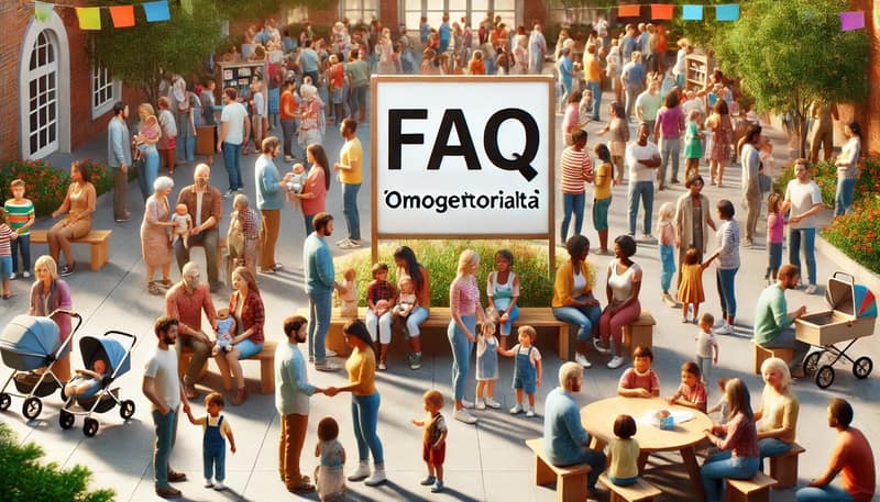 immagine di un gruppo eterogeneo di famiglie con bambini, rappresentanti diverse etnie e strutture familiari, riuniti attorno a un grande FAQ Omogenitorialità