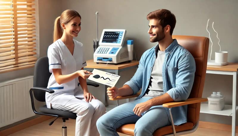 Immagine raffigurante un uomo seduto su una sedia in una clinica, con un'infermiera che gli consegna la ricevuta di pagamento dopo una donazione di sperma