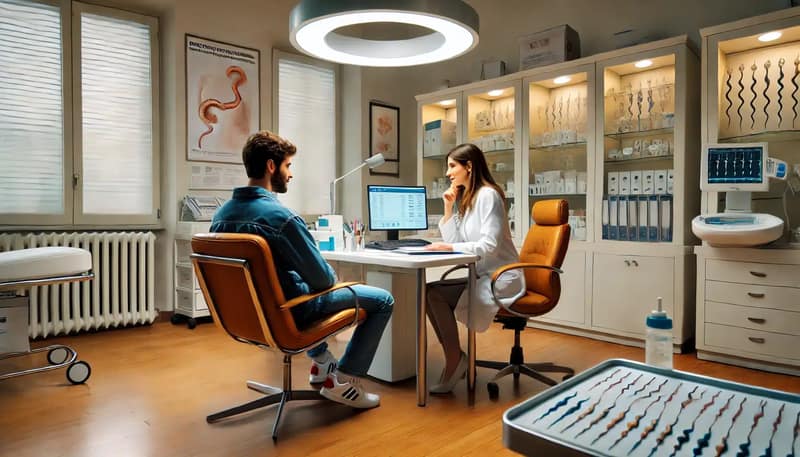 Un'immagine di una clinica per la fertilità in Italia, dove un donatore e un ricevente discutono il pagamento per la donazione di sperma