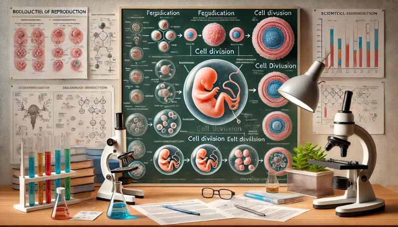 Un'illustrazione digitale dettagliata e didattica che spiega il processo biologico della riproduzione. L'opera d'arte include un diagramma passo dopo passo