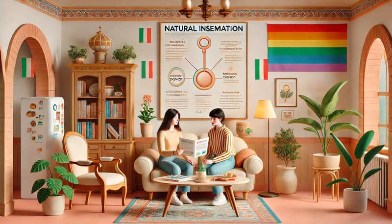 Un'illustrazione digitale di buon gusto e didattica che spiega il concetto di inseminazione naturale, incentrata su una coppia lesbica