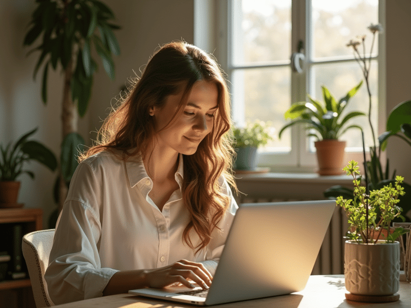 Una donna che ricerca consigli sulla fertilità al suo laptop in una stanza accogliente e illuminata dal sole, con piante e una palette di colori rilassante