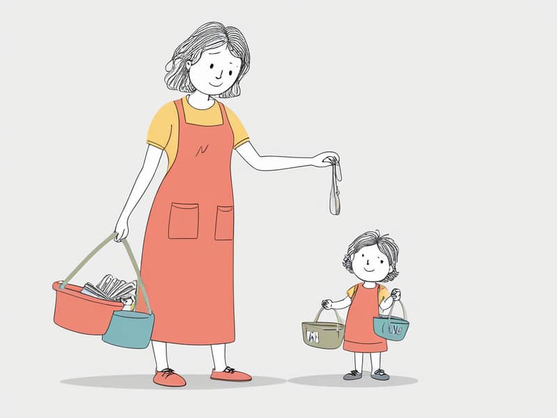 Una madre single che bilancia lavoro, cura dei bambini e faccende domestiche, con un'espressione stanca ma determinata sul volto