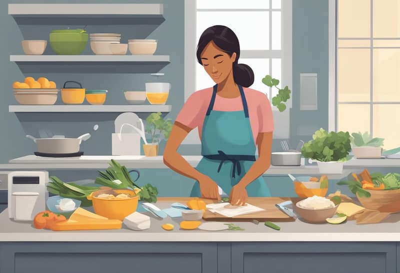 Una madre single multitasking- cucinare, aiutare con i compiti e gestire le finanze domestiche