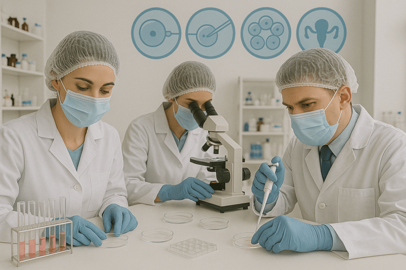 Una scena in un laboratorio medico con professionisti che lavorano su campioni per la fecondazione in vitro