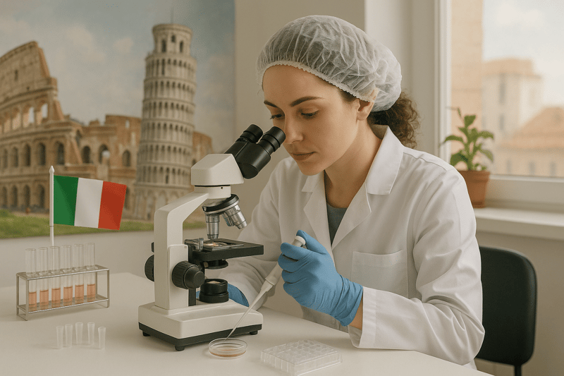 Una scienziata in un laboratorio medico che lavora con strumenti per la fecondazione in vitro, con elementi che richiamano l'Italia sullo sfondo