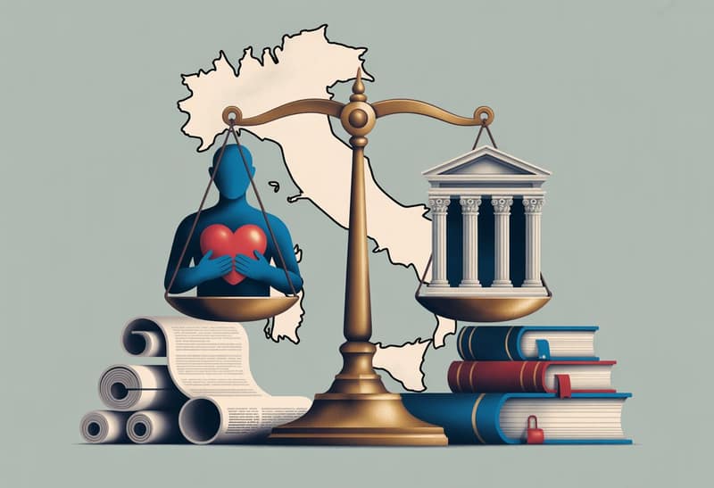 Una bilancia della giustizia con una figura anonima che dona un cuore luminoso da un lato e un documento legale dall'altro, con una mappa dell'Italia sullo sfondo.