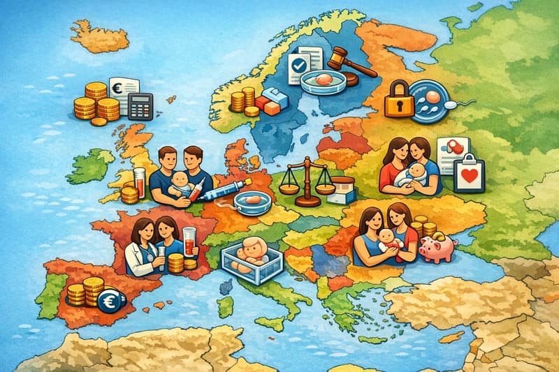 Mappa dell'Europa con icone che rappresentano costi, leggi e accesso alla procreazione medicalmente assistita in diversi paesi