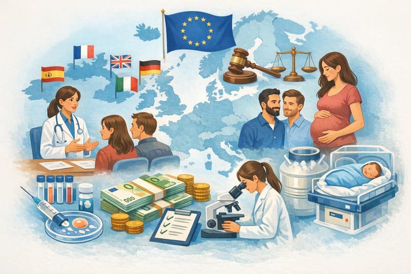 PMA in Europa con mappa UE bandiere nazionali coppie medici laboratorio provette microscopio costi euro e aspetti legali