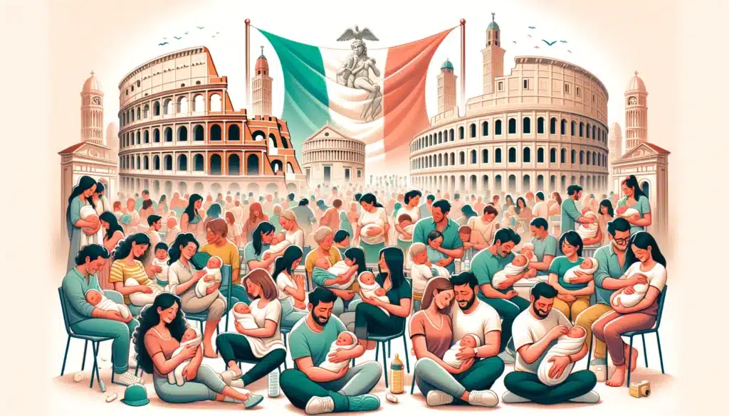 illustrazione per la cogenitorialità con neonati in Italia. La scena mostra un gruppo diversificato di persone, tra cui genitori single e coppie di co-genitori, che tengono in braccio i loro neonati e si sostengono a vicenda. Lo sfondo presenta elementi distintivi dell'Italia, come il Colosseo e la bandiera italiana. Se hai bisogno di ulteriori modifiche o dettagli, fammelo sapere!