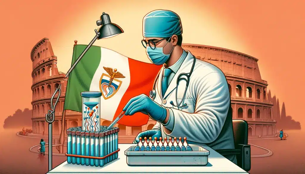 illustrazione che rappresenta la donazione di sperma in Italia. La scena mostra un medico con guanti medici blu che tiene un contenitore di sperma per l'analisi. Lo sfondo include elementi che indicano una località italiana, come la bandiera italiana e il Colosseo. L'atmosfera è professionale e sterile, sottolineando l'importanza e la serietà del processo di donazione di sperma. Se hai bisogno di ulteriori modifiche o dettagli, fammelo sapere!