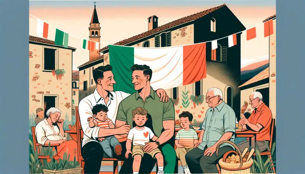 illustrazione che rappresenta la genitorialità omosessuale in Italia. La scena mostra coppie dello stesso sesso con i loro figli in un ambiente accogliente e comunitario, con elementi distintivi dell'Italia, come la bandiera italiana e l'architettura tradizionale. Se hai bisogno di ulteriori modifiche o dettagli, fammelo sapere!