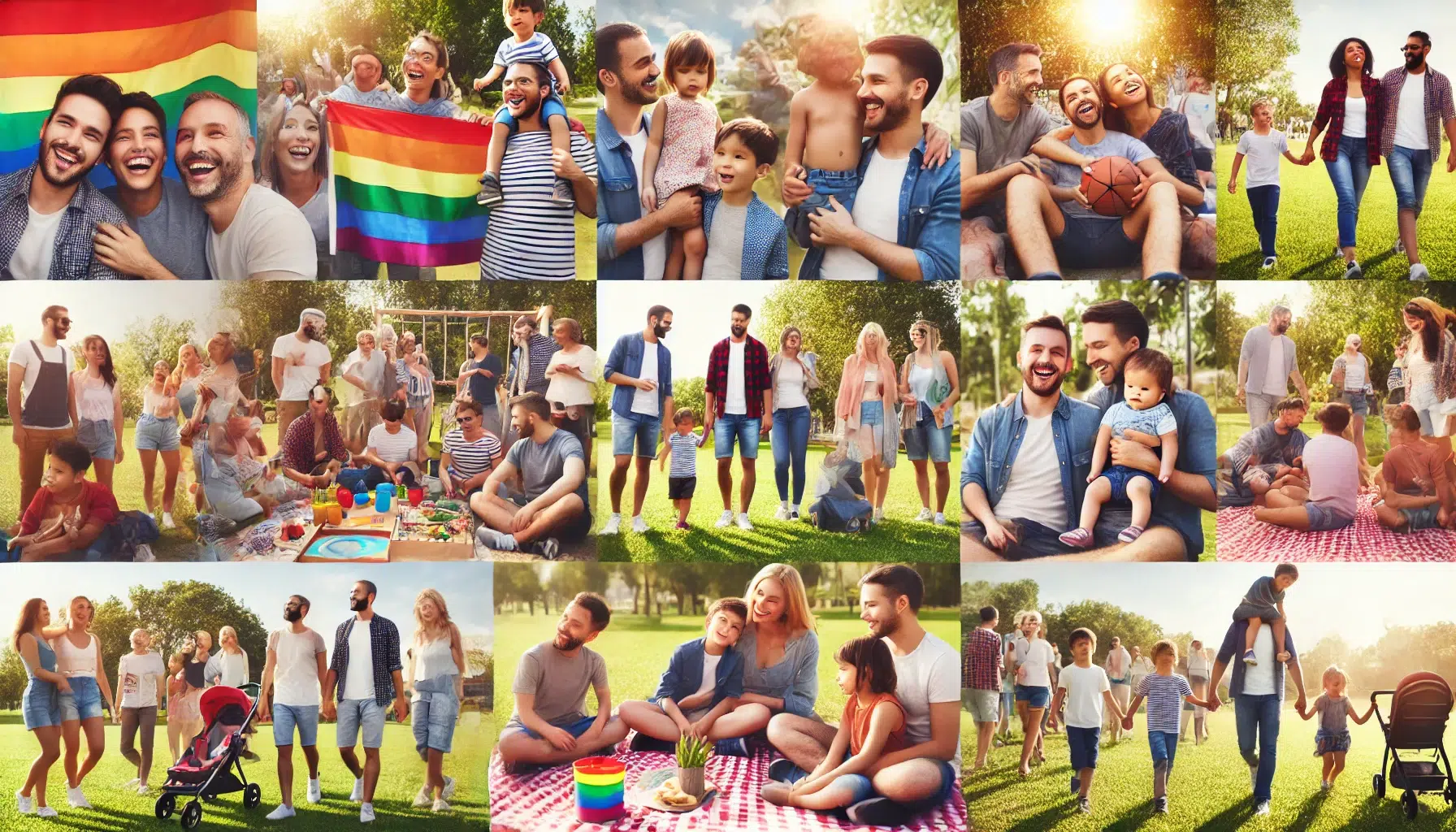 Immagine di un gruppo eterogeneo di famiglie gay che partecipano insieme ad attività all'aperto, a simboleggiare l'uguaglianza e l'unità nei ruoli genitoriali