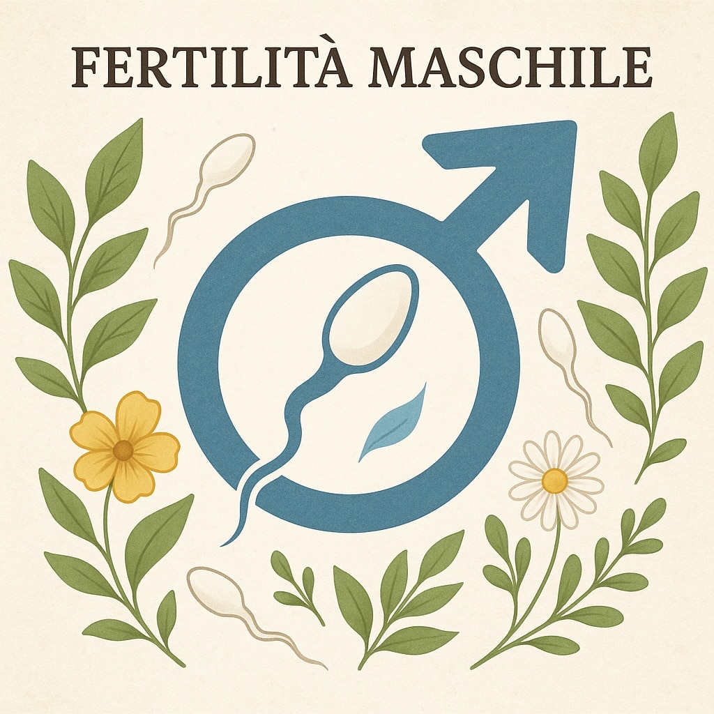 Illustrazione anatomica del sistema riproduttivo maschile con elementi naturali che rappresentano il miglioramento della fertilità