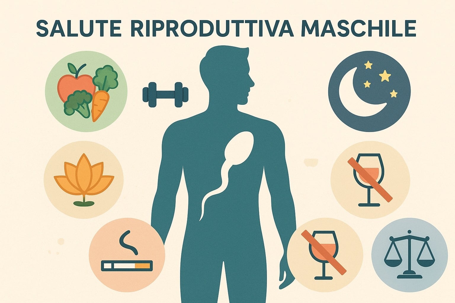 Illustrazione scientifica che mostra il sistema riproduttivo maschile con icone che rappresentano dieta sana, esercizio fisico, sonno, riduzione dello stress