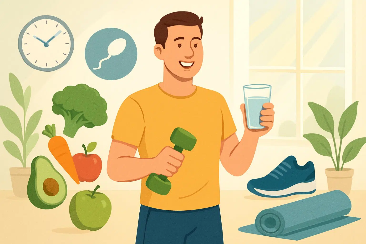 Un uomo sano che pratica attività fisica circondato da frutta, acqua, scarpe da corsa e piante in una stanza luminosa.