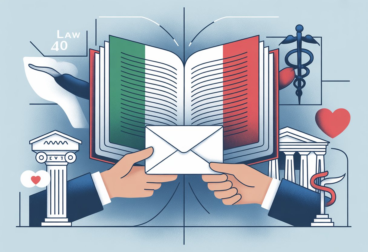Due mani che si scambiano una busta sigillata davanti a un grande libro aperto con simboli legali e medici, con colori che richiamano la bandiera italiana.