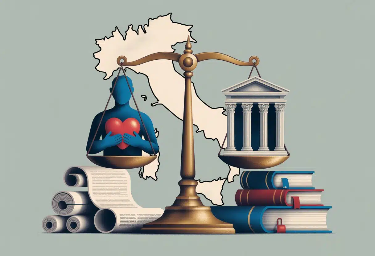 Una bilancia della giustizia con una figura anonima che dona un cuore luminoso da un lato e un documento legale dall'altro, con una mappa dell'Italia sullo sfondo.