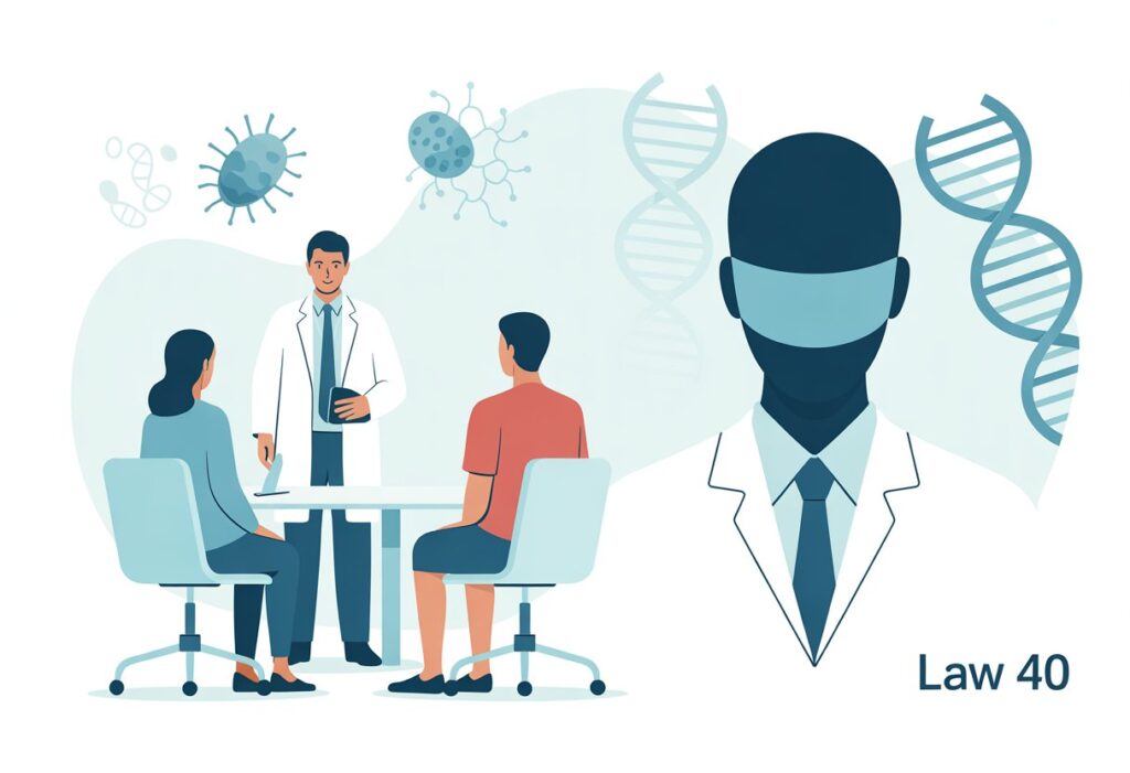 Una scena in una clinica medica con un medico che parla con una coppia e una figura anonima che rappresenta un donatore di gameti, con elementi simbolici di DNA sullo sfondo.