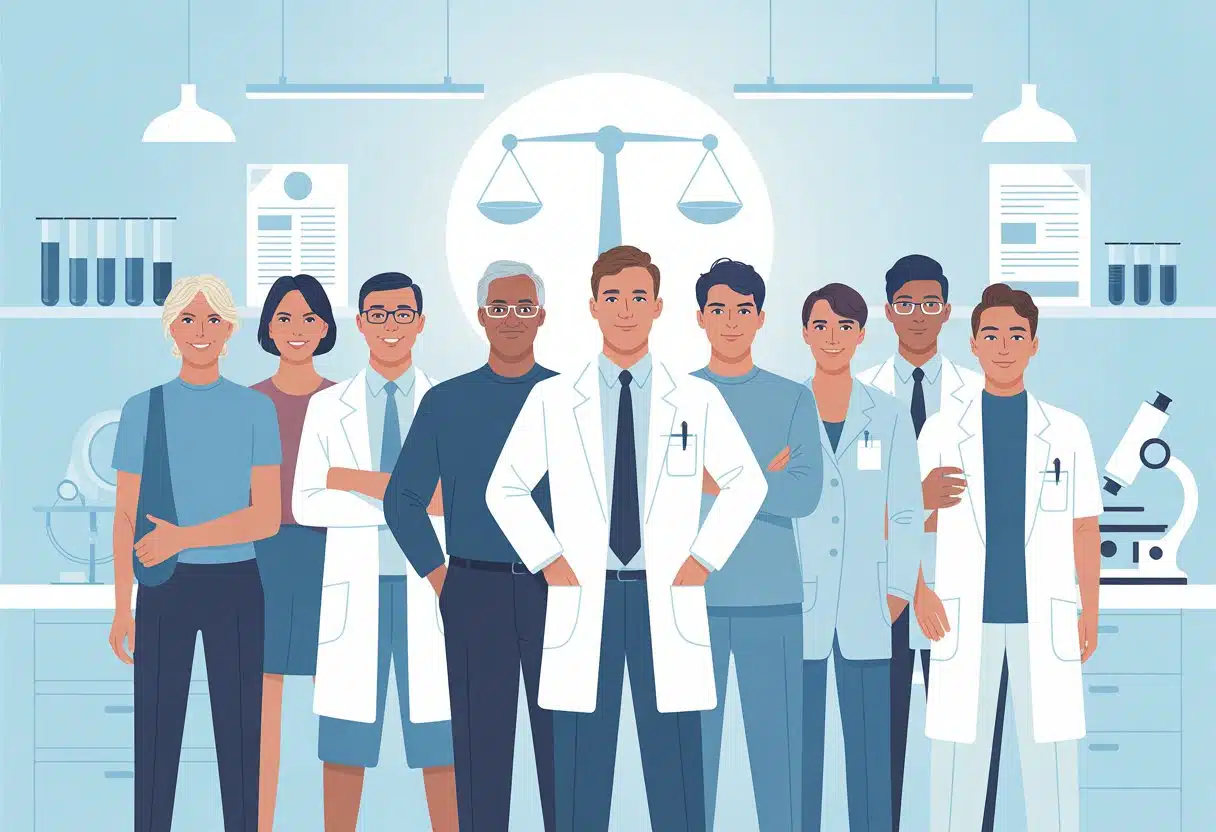 Un gruppo di uomini di diverse etnie in una clinica medica moderna, con simboli di legge e salute sullo sfondo