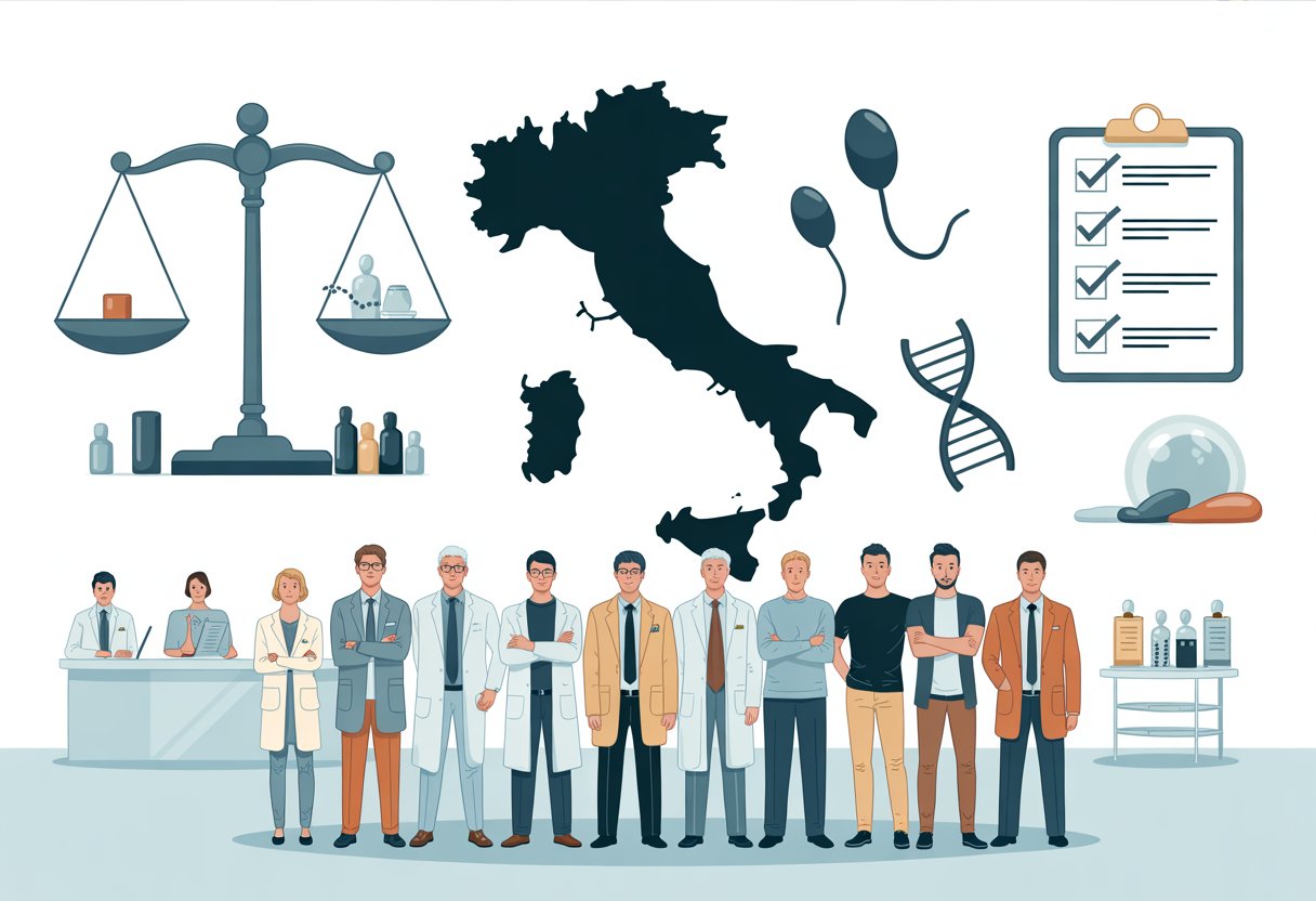 Un gruppo di uomini in una clinica medica moderna con simboli di giustizia e medicina, che rappresentano i requisiti legali per i donatori di sperma in Italia.