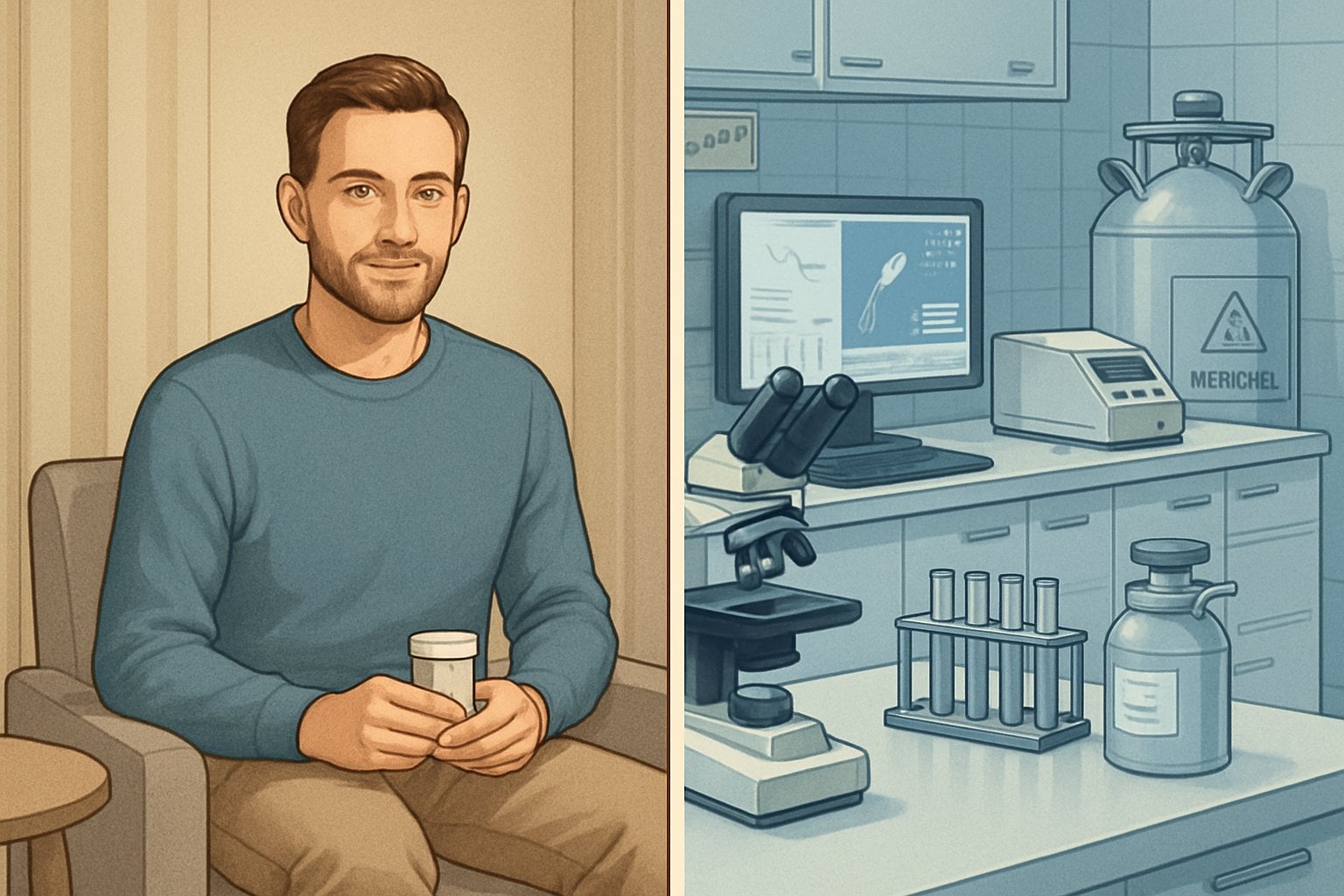 Illustrazione che mostra da un lato un donatore privato di sperma in un ambiente riservato e dall'altro una banca del seme con attrezzature mediche e scientifiche